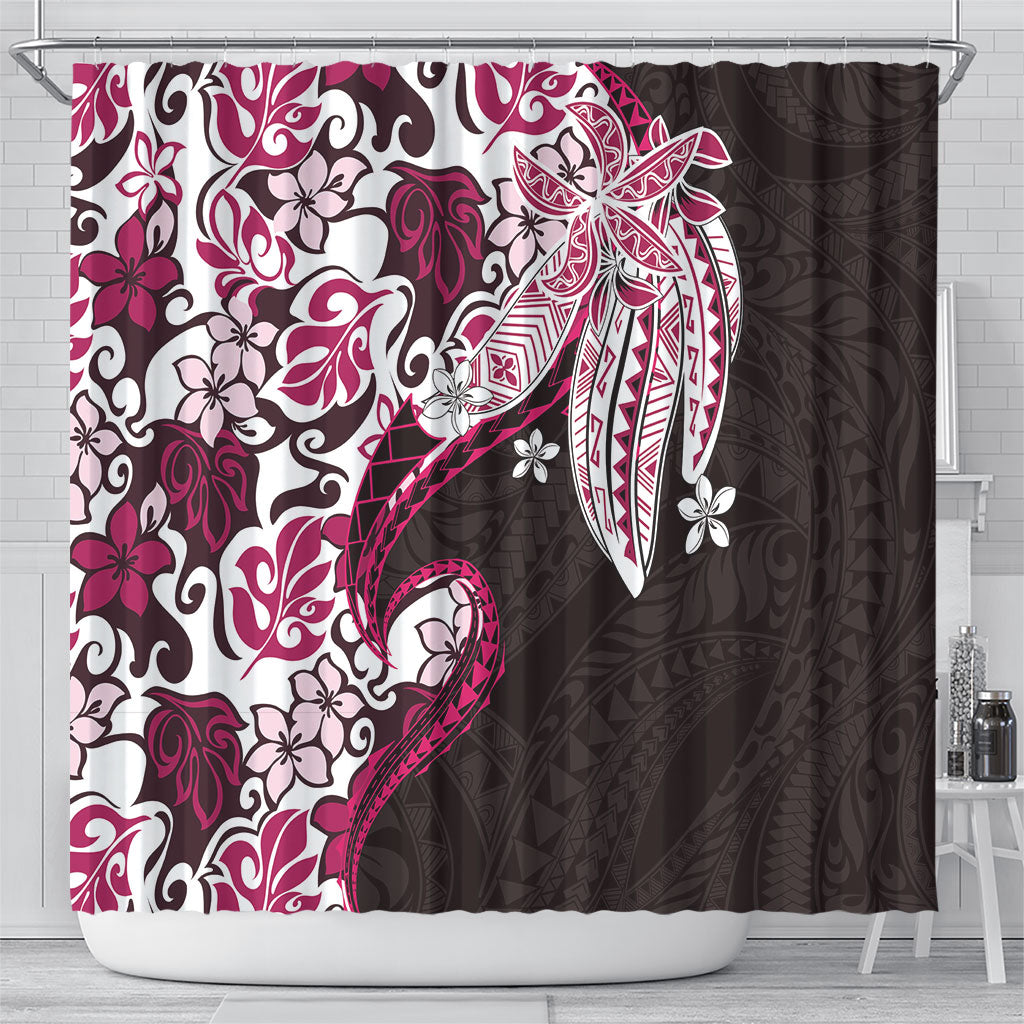 Monstera Plumeria Flowers Pink Shower Curtain Polynesian Pattern