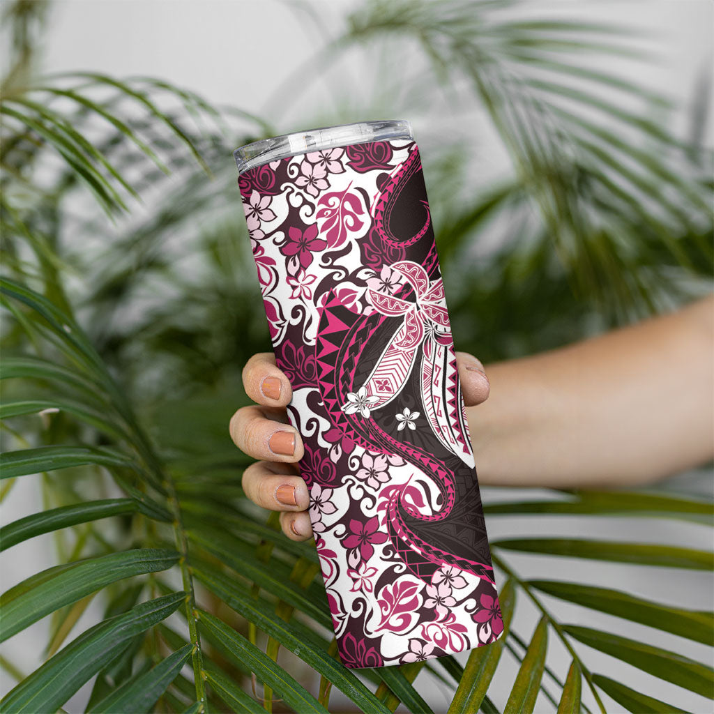 Monstera Plumeria Flowers Pink Skinny Tumbler Polynesian Pattern