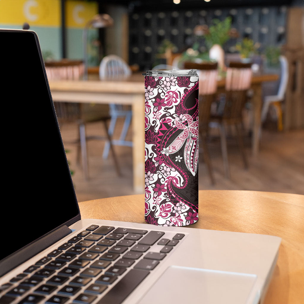 Monstera Plumeria Flowers Pink Skinny Tumbler Polynesian Pattern