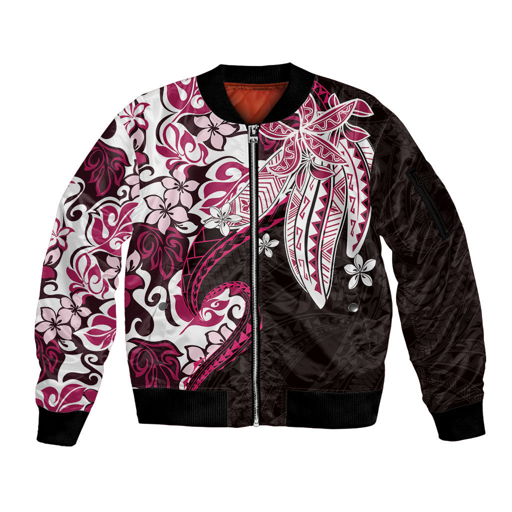 Monstera Plumeria Flowers Pink Sleeve Zip Bomber Jacket Polynesian Pattern