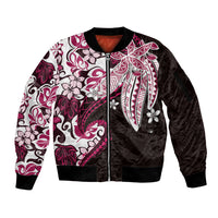 Monstera Plumeria Flowers Pink Sleeve Zip Bomber Jacket Polynesian Pattern