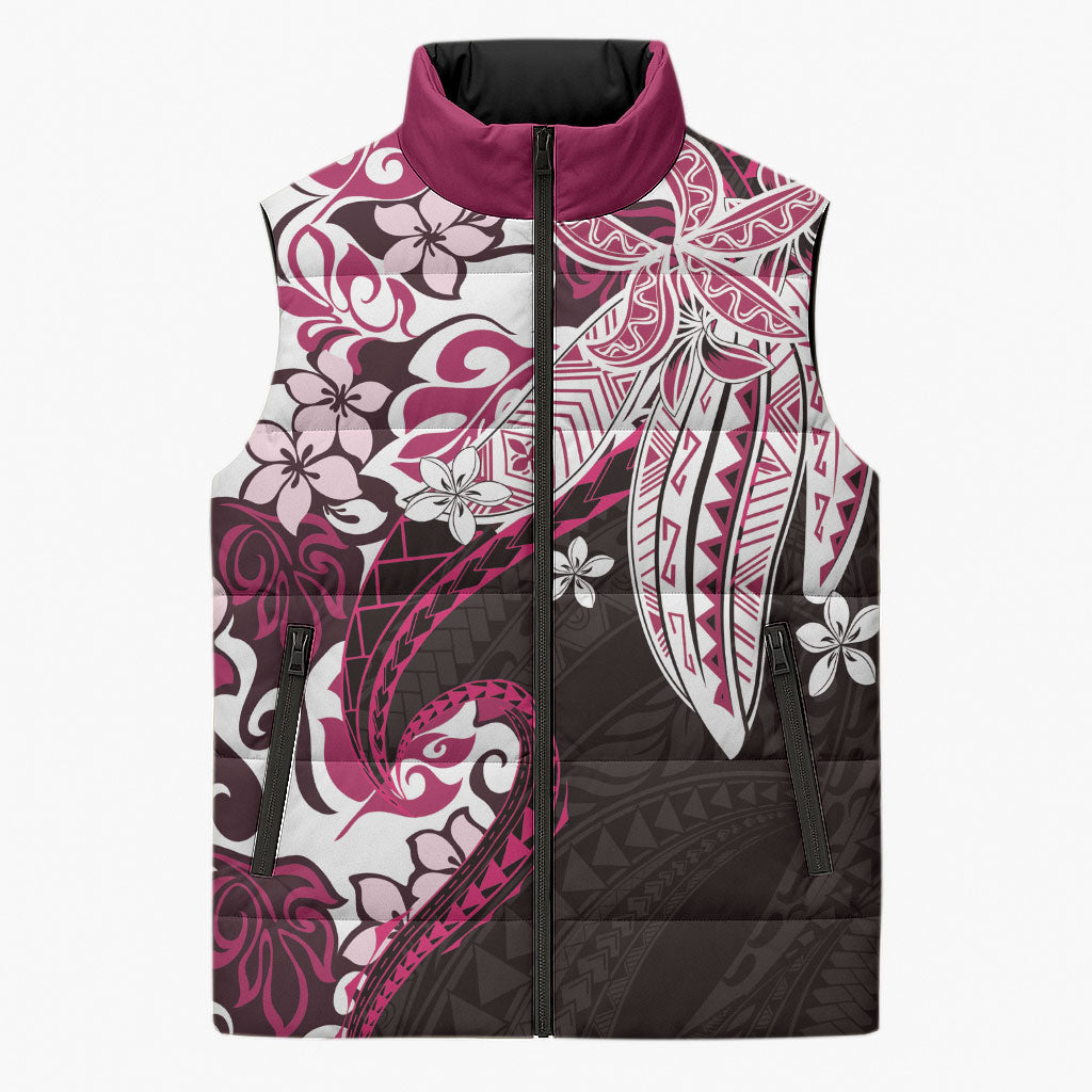 Monstera Plumeria Flowers Pink Sleeveless Puffer Jacket Polynesian Pattern
