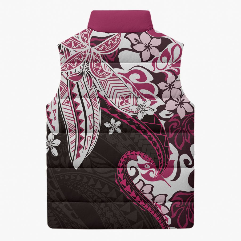 Monstera Plumeria Flowers Pink Sleeveless Puffer Jacket Polynesian Pattern