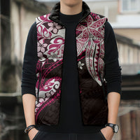 Monstera Plumeria Flowers Pink Sleeveless Puffer Jacket Polynesian Pattern