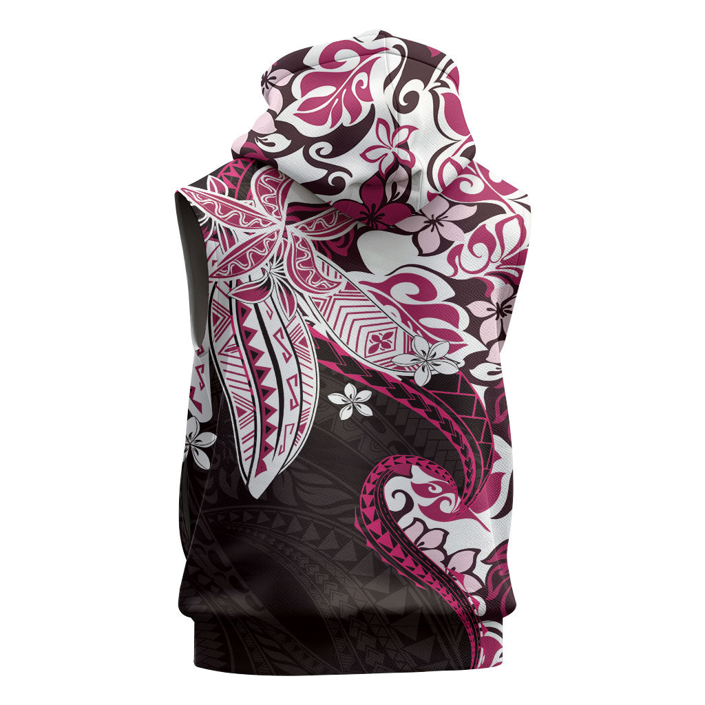 Monstera Plumeria Flowers Pink Sleeveless Zip Hoodie Polynesian Pattern