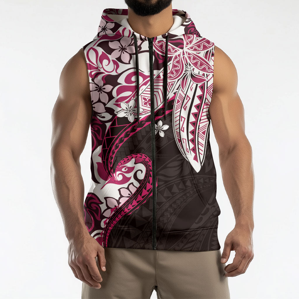Monstera Plumeria Flowers Pink Sleeveless Zip Hoodie Polynesian Pattern