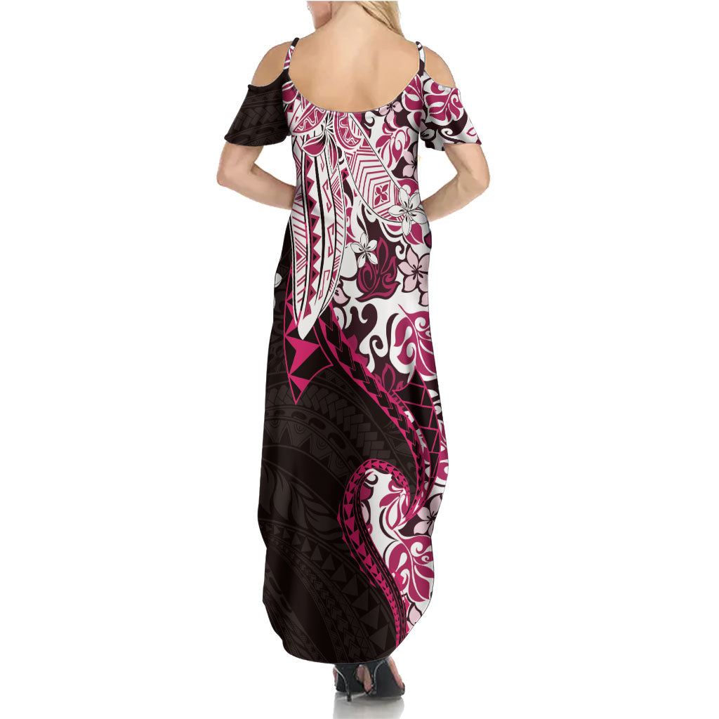 Monstera Plumeria Flowers Pink Summer Maxi Dress Polynesian Pattern