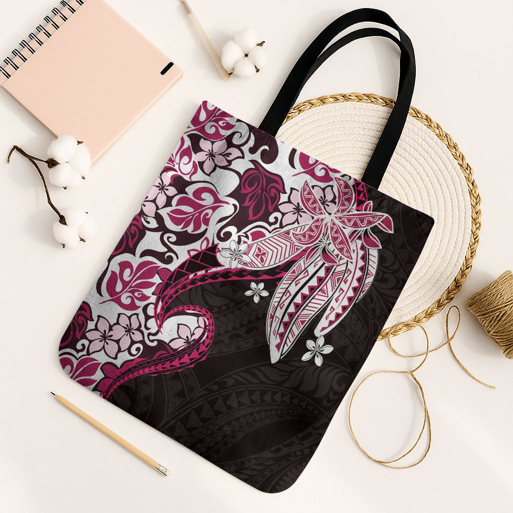 Monstera Plumeria Flowers Pink Tote Bag Polynesian Pattern