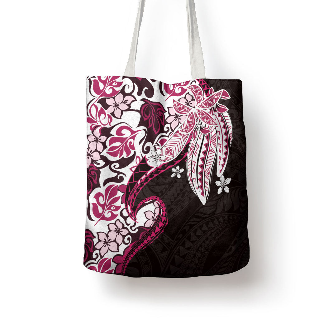 Monstera Plumeria Flowers Pink Tote Bag Polynesian Pattern