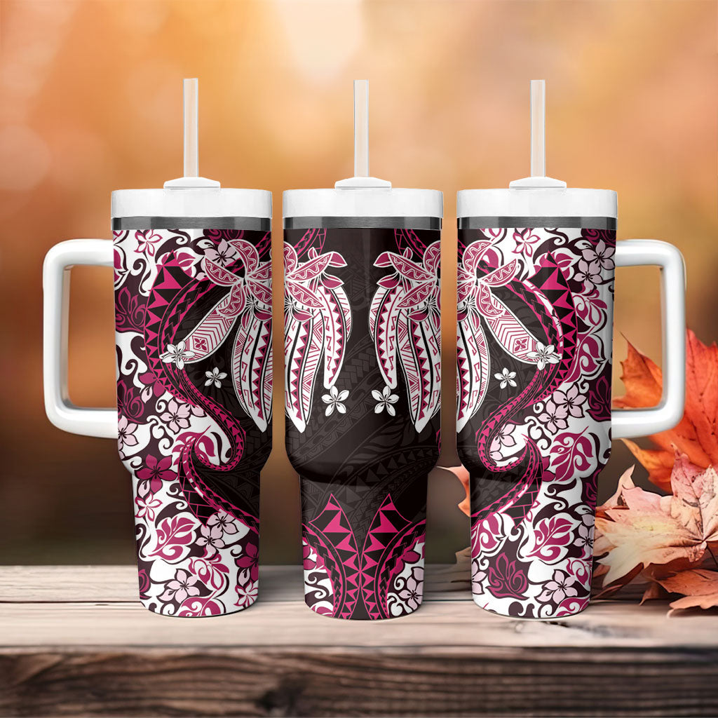 Monstera Plumeria Flowers Pink Tumbler With Handle Polynesian Pattern