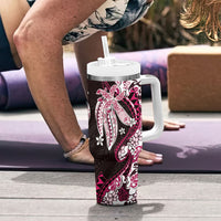 Monstera Plumeria Flowers Pink Tumbler With Handle Polynesian Pattern