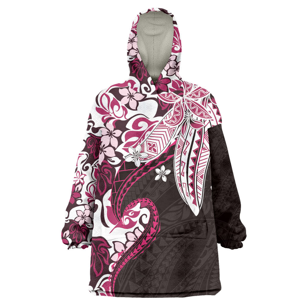 Monstera Plumeria Flowers Pink Wearable Blanket Hoodie Polynesian Pattern