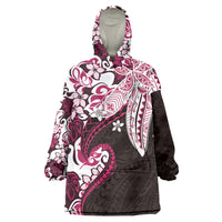 Monstera Plumeria Flowers Pink Wearable Blanket Hoodie Polynesian Pattern