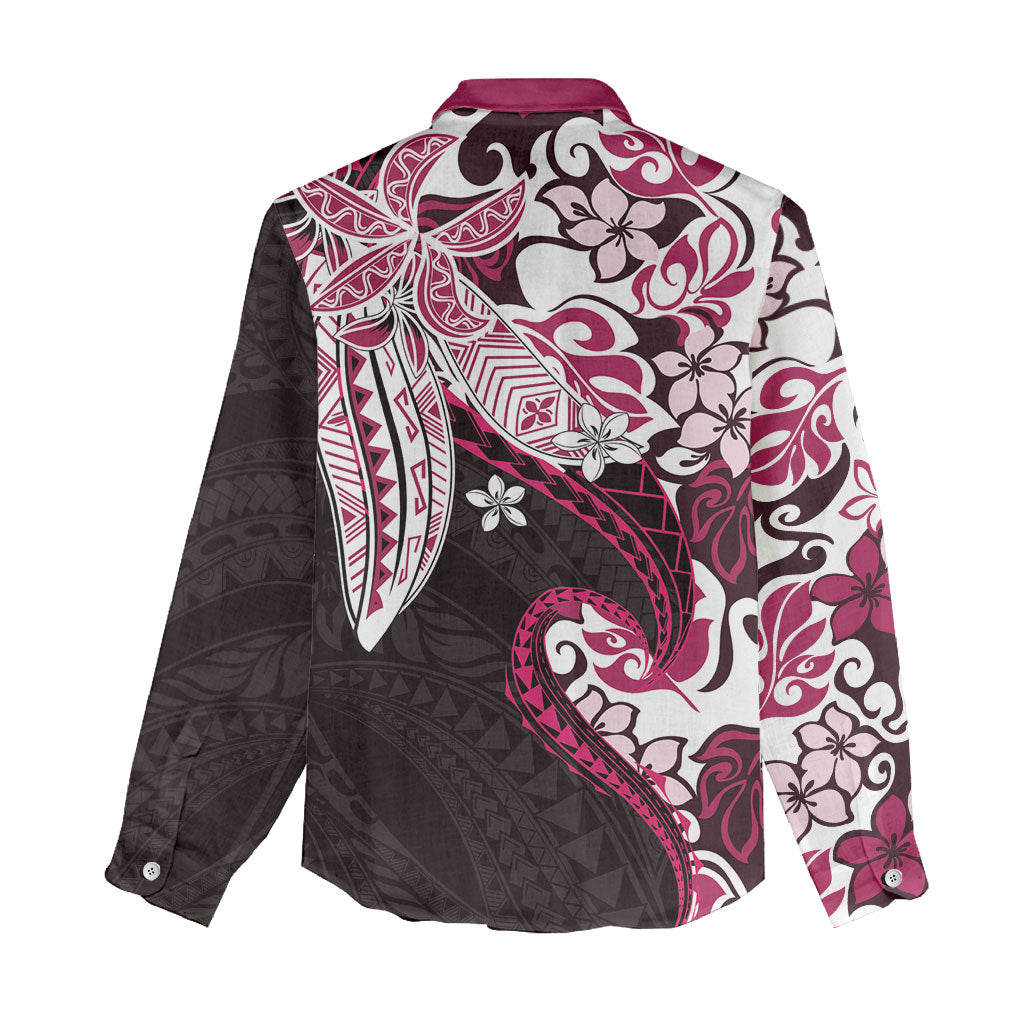 Monstera Plumeria Flowers Pink Women Casual Shirt Polynesian Pattern