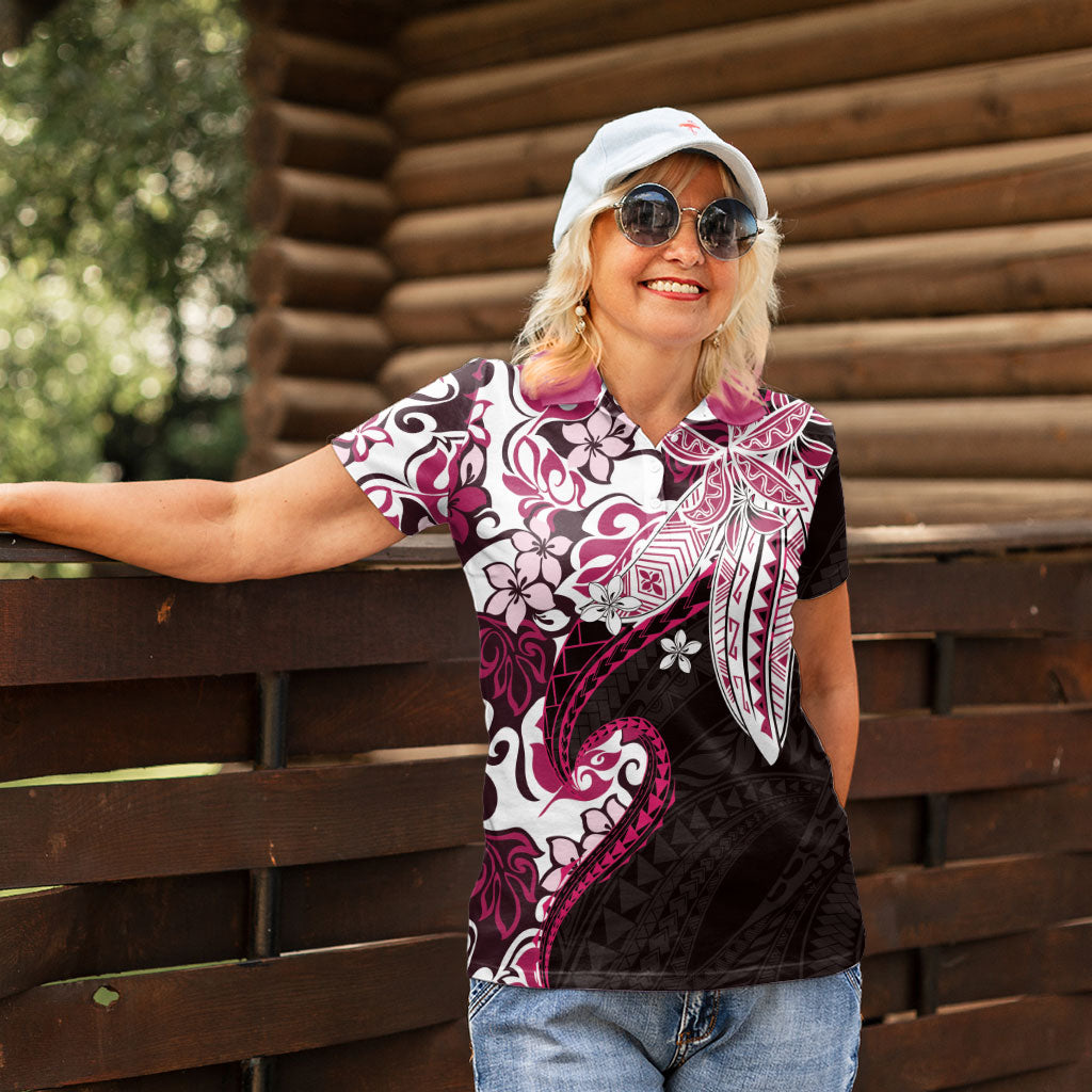 Monstera Plumeria Flowers Pink Women Polo Shirt Polynesian Pattern