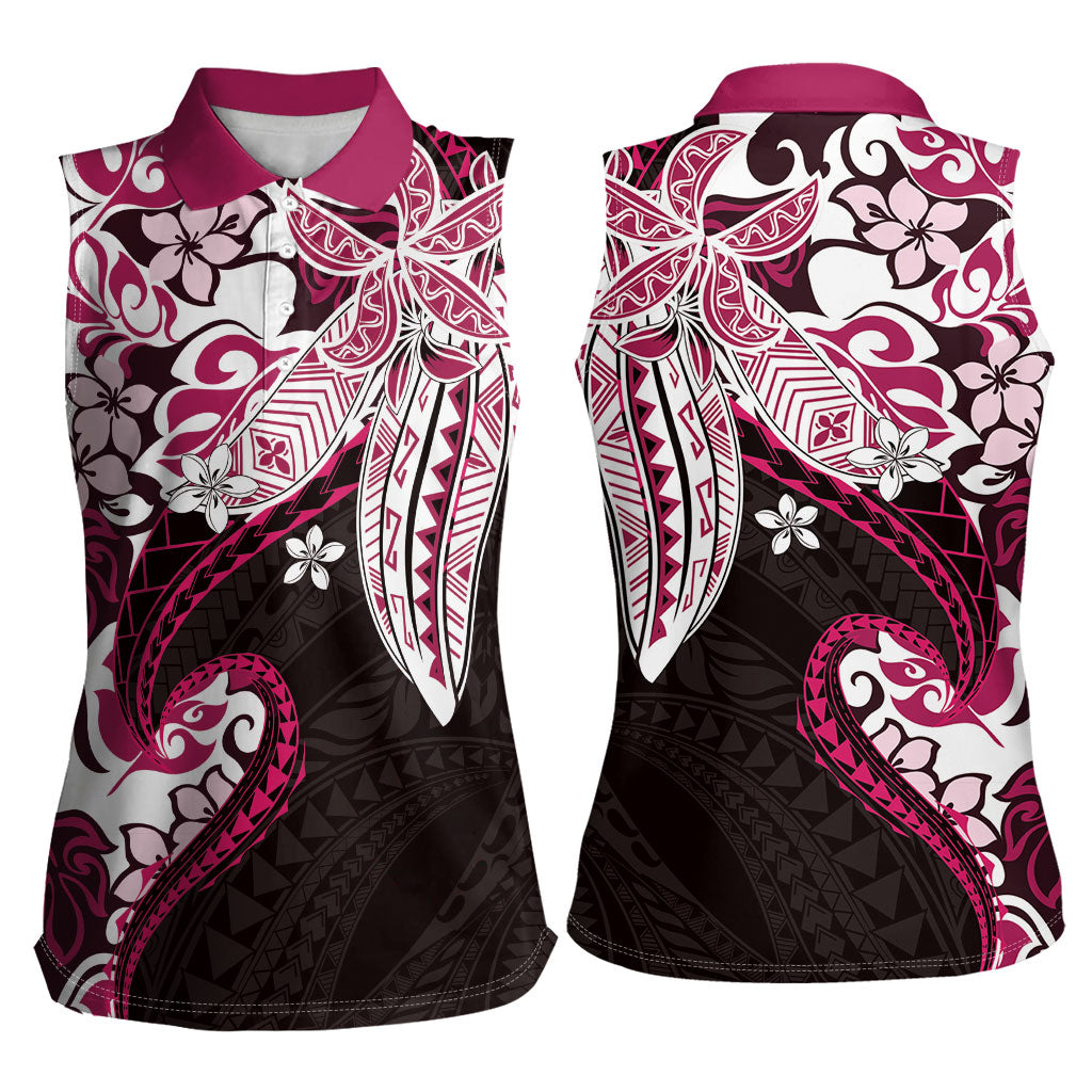 Monstera Plumeria Flowers Pink Women Sleeveless Polo Shirt Polynesian Pattern
