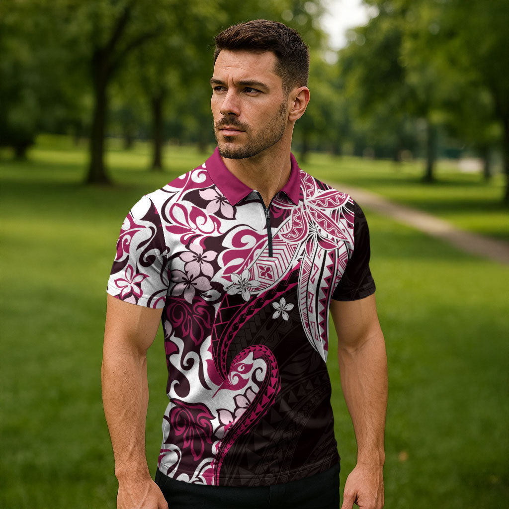 Monstera Plumeria Flowers Pink Zipper Polo Shirt Polynesian Pattern