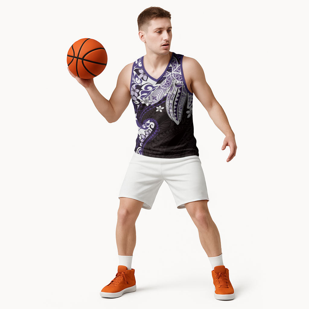 Monstera Plumeria Flowers Purple Basketball Jersey Polynesian Pattern