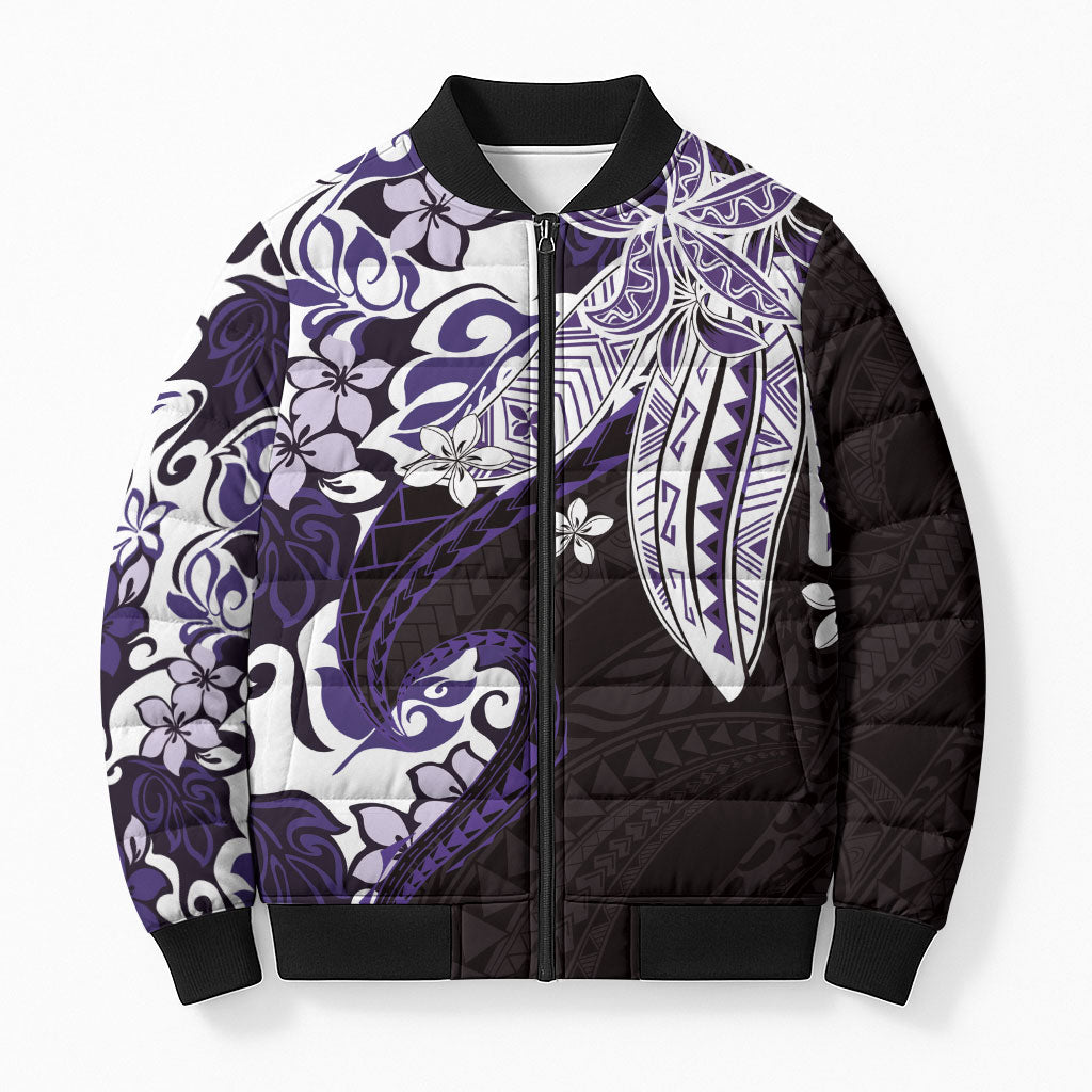 Monstera Plumeria Flowers Purple Bomber Puffer Jacket Polynesian Pattern