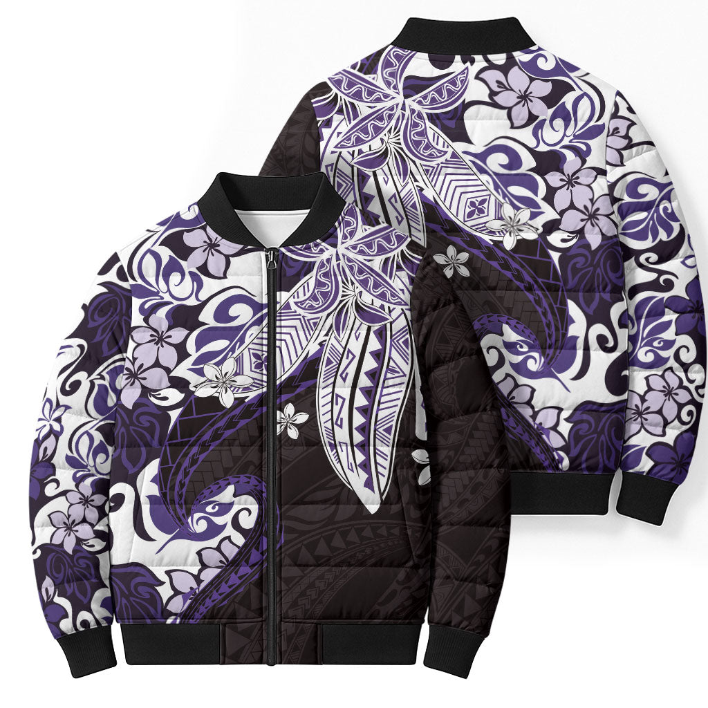 Monstera Plumeria Flowers Purple Bomber Puffer Jacket Polynesian Pattern