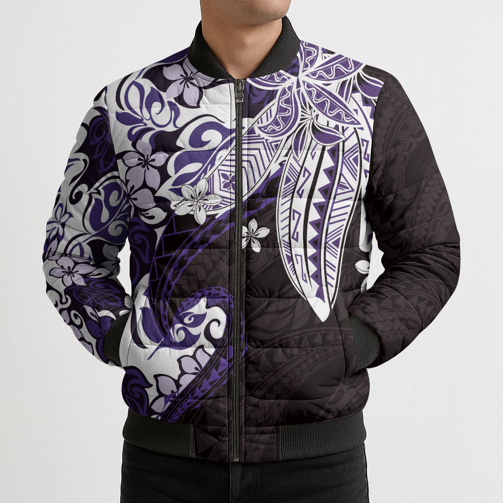 Monstera Plumeria Flowers Purple Bomber Puffer Jacket Polynesian Pattern