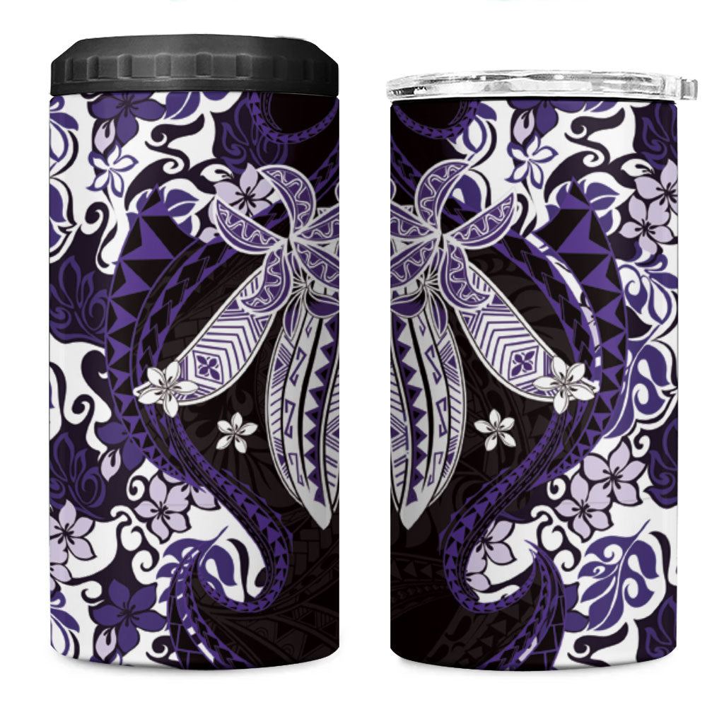 Monstera Plumeria Flowers Purple 4 in 1 Can Cooler Tumbler Polynesian Pattern