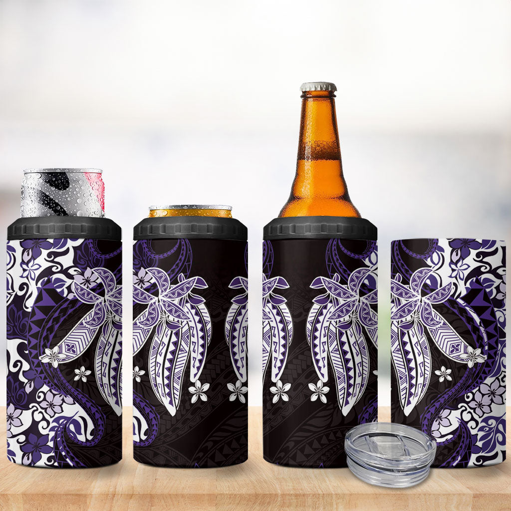 Monstera Plumeria Flowers Purple 4 in 1 Can Cooler Tumbler Polynesian Pattern