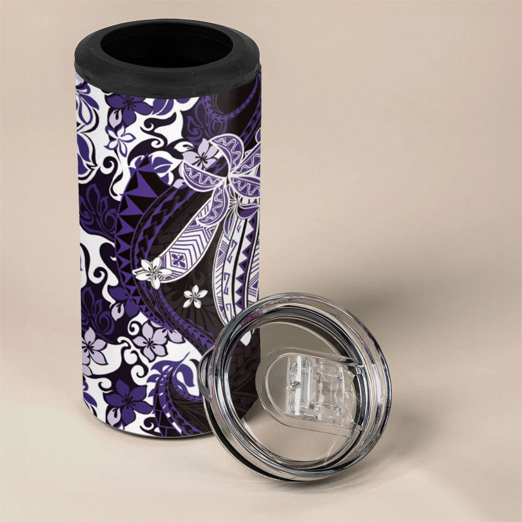 Monstera Plumeria Flowers Purple 4 in 1 Can Cooler Tumbler Polynesian Pattern