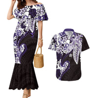 Monstera Plumeria Flowers Purple Couples Matching Mermaid Dress and Hawaiian Shirt Polynesian Pattern
