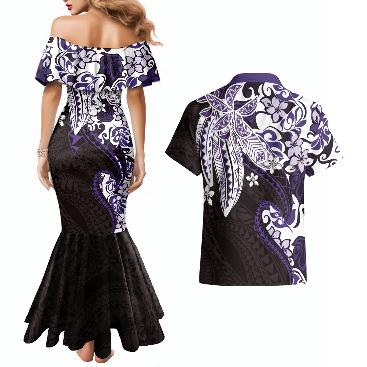 Monstera Plumeria Flowers Purple Couples Matching Mermaid Dress and Hawaiian Shirt Polynesian Pattern