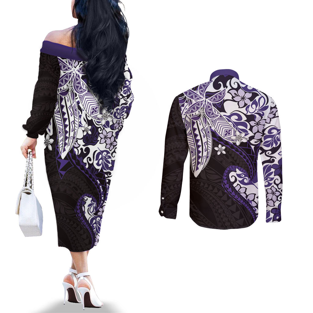 Monstera Plumeria Flowers Purple Couples Matching Off The Shoulder Long Sleeve Dress and Long Sleeve Button Shirt Polynesian Pattern