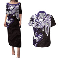 Monstera Plumeria Flowers Purple Couples Matching Puletasi and Hawaiian Shirt Polynesian Pattern