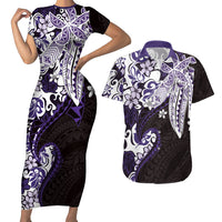 Monstera Plumeria Flowers Purple Couples Matching Short Sleeve Bodycon Dress and Hawaiian Shirt Polynesian Pattern