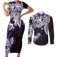 Monstera Plumeria Flowers Purple Couples Matching Short Sleeve Bodycon Dress and Long Sleeve Button Shirt Polynesian Pattern