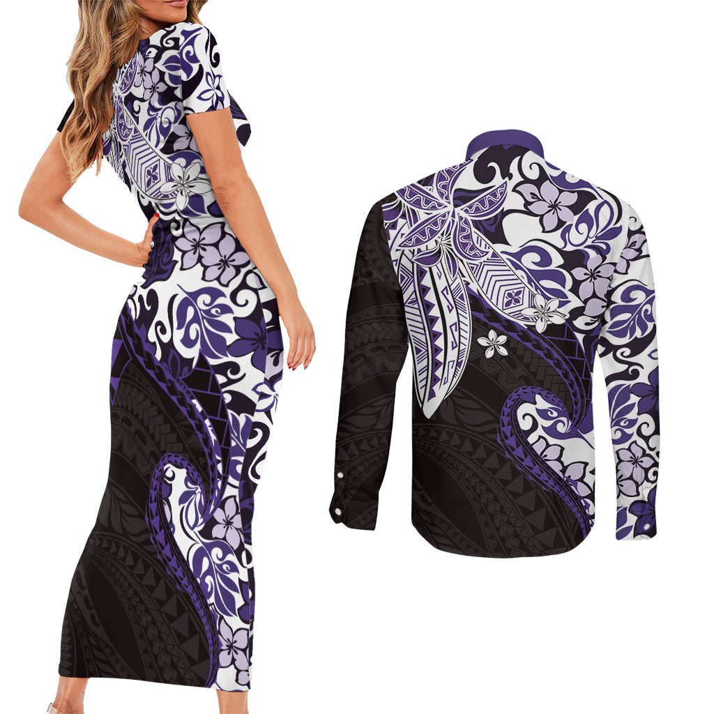 Monstera Plumeria Flowers Purple Couples Matching Short Sleeve Bodycon Dress and Long Sleeve Button Shirt Polynesian Pattern