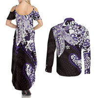 Monstera Plumeria Flowers Purple Couples Matching Summer Maxi Dress and Long Sleeve Button Shirt Polynesian Pattern