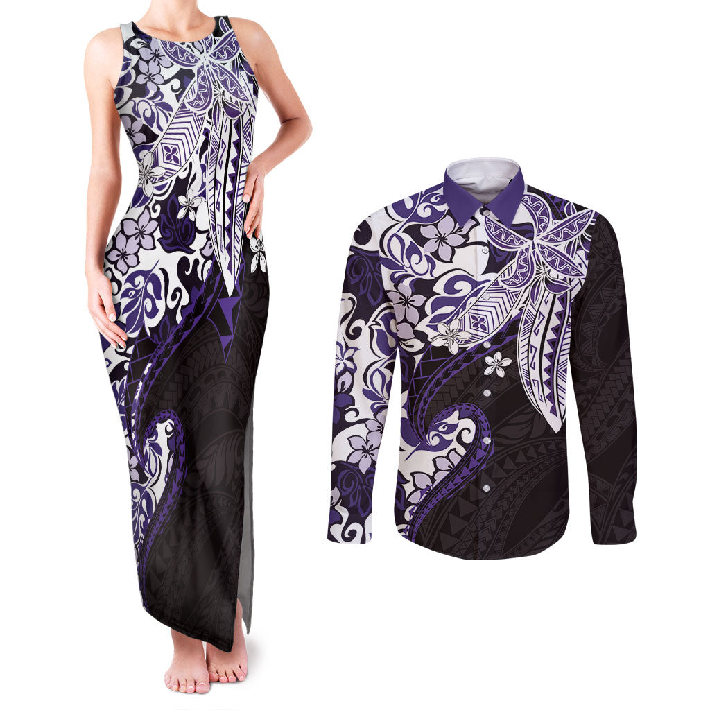 Monstera Plumeria Flowers Purple Couples Matching Tank Maxi Dress and Long Sleeve Button Shirt Polynesian Pattern