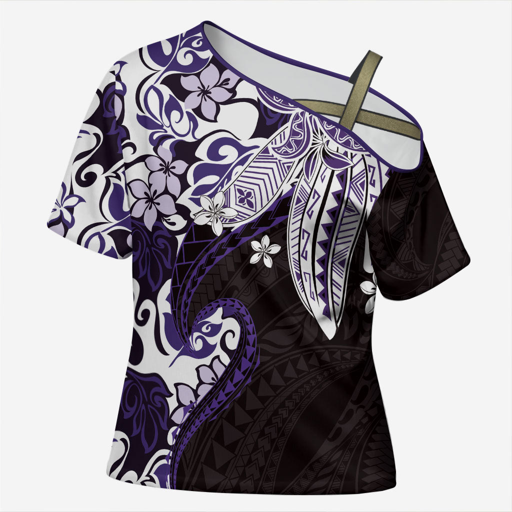 Monstera Plumeria Flowers Purple Cross Shoulder Shirt Polynesian Pattern