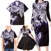 Monstera Plumeria Flowers Purple Family Matching Long Sleeve Bodycon Dress and Hawaiian Shirt Polynesian Pattern LT01 - Polynesian Pride