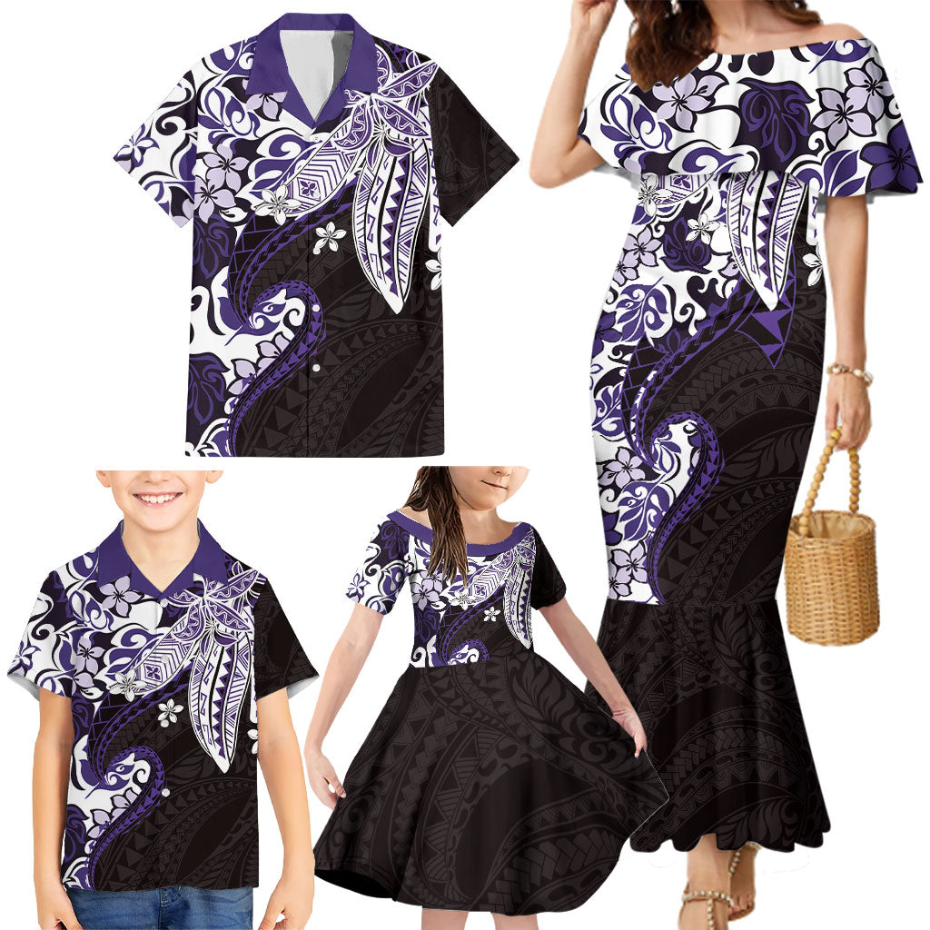 Monstera Plumeria Flowers Purple Family Matching Mermaid Dress and Hawaiian Shirt Polynesian Pattern LT01 - Polynesian Pride