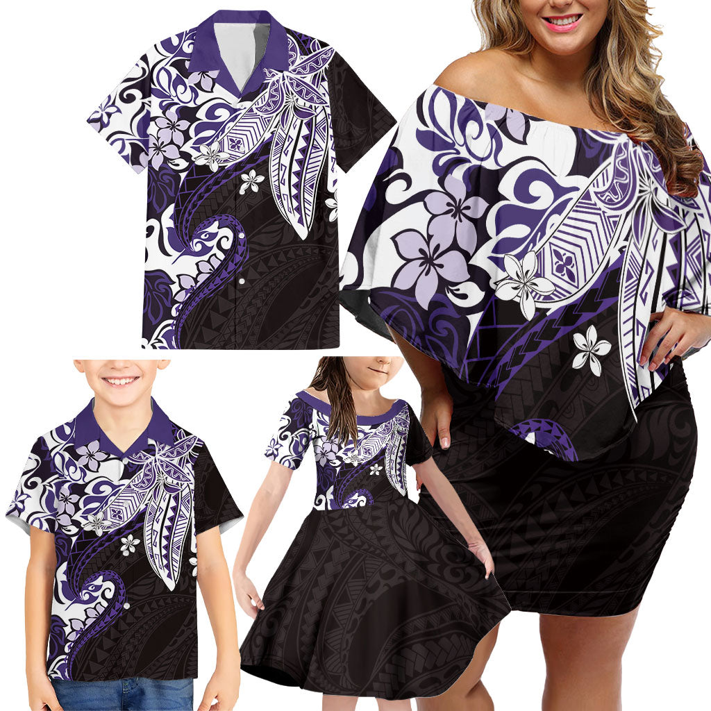 Monstera Plumeria Flowers Purple Family Matching Off Shoulder Short Dress and Hawaiian Shirt Polynesian Pattern LT01 - Polynesian Pride