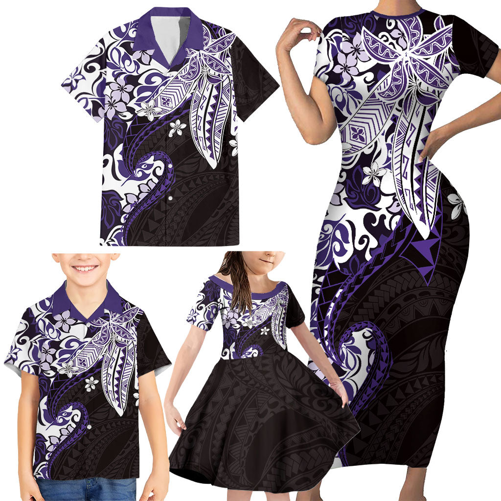 Monstera Plumeria Flowers Purple Family Matching Short Sleeve Bodycon Dress and Hawaiian Shirt Polynesian Pattern