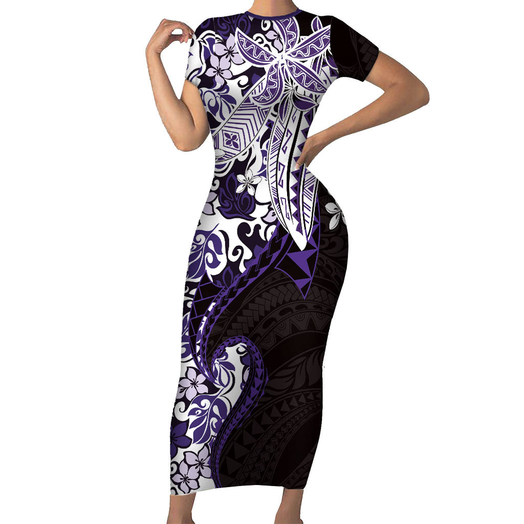 Monstera Plumeria Flowers Purple Family Matching Short Sleeve Bodycon Dress and Hawaiian Shirt Polynesian Pattern LT01 Mom's Dress Purple - Polynesian Pride