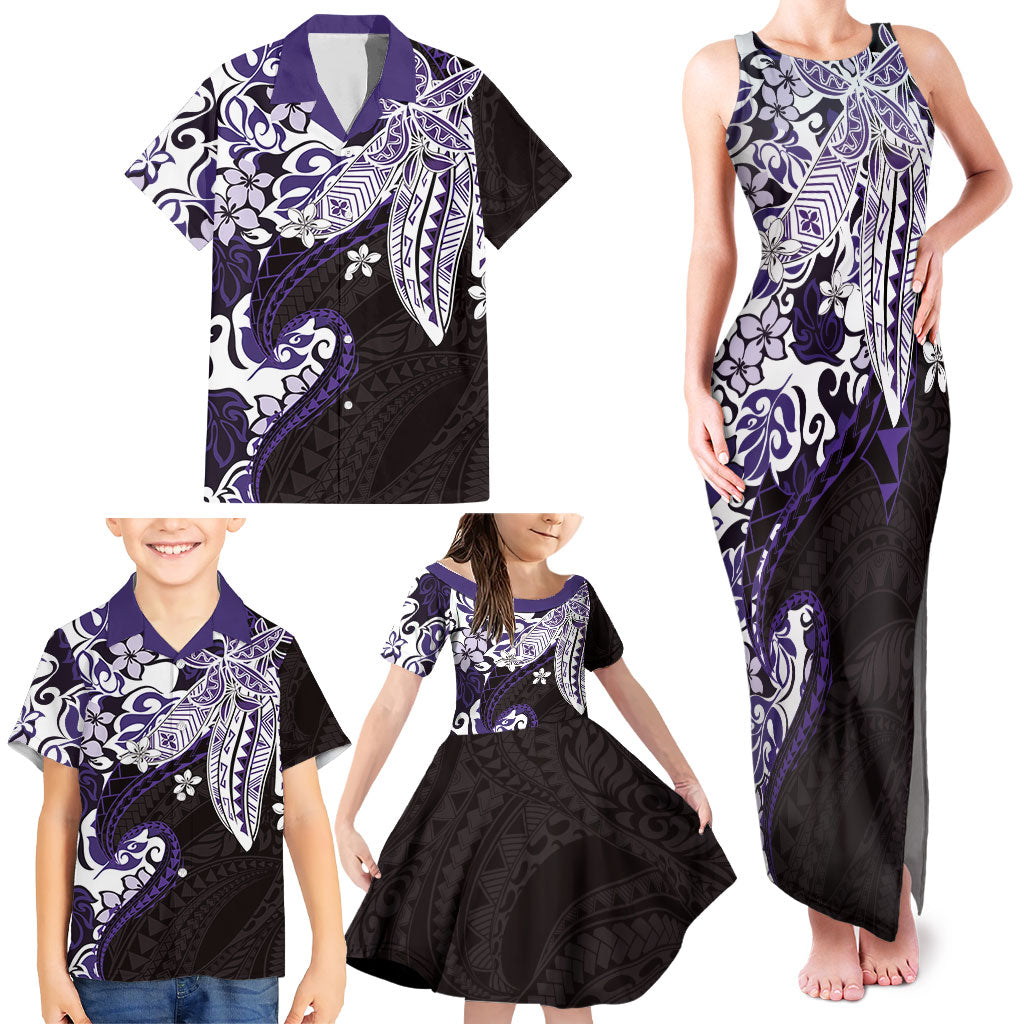 Monstera Plumeria Flowers Purple Family Matching Tank Maxi Dress and Hawaiian Shirt Polynesian Pattern