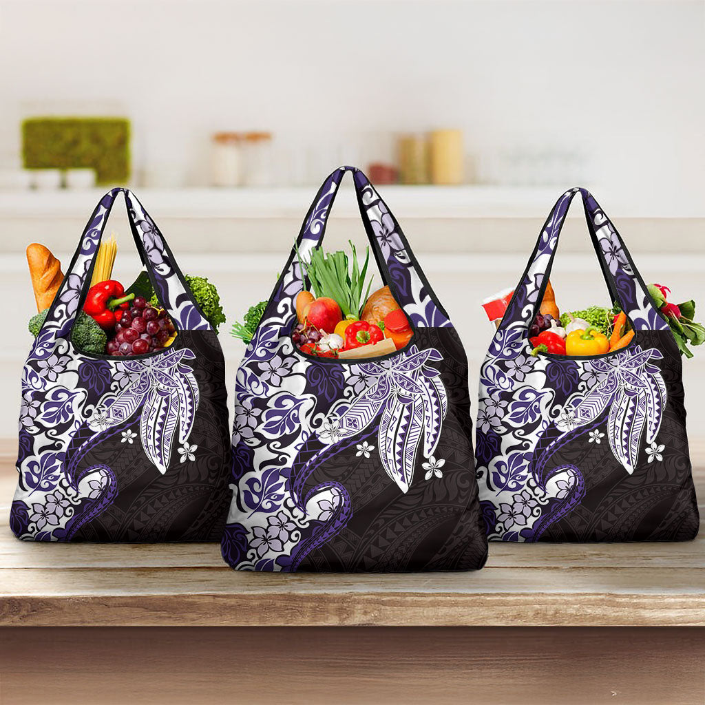 Monstera Plumeria Flowers Purple Grocery Bag Polynesian Pattern