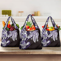 Monstera Plumeria Flowers Purple Grocery Bag Polynesian Pattern