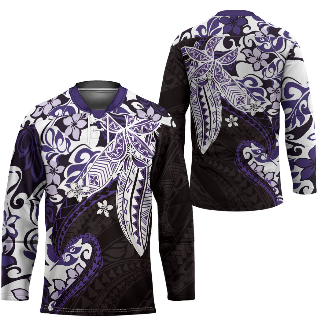 Monstera Plumeria Flowers Purple Hockey Jersey Polynesian Pattern