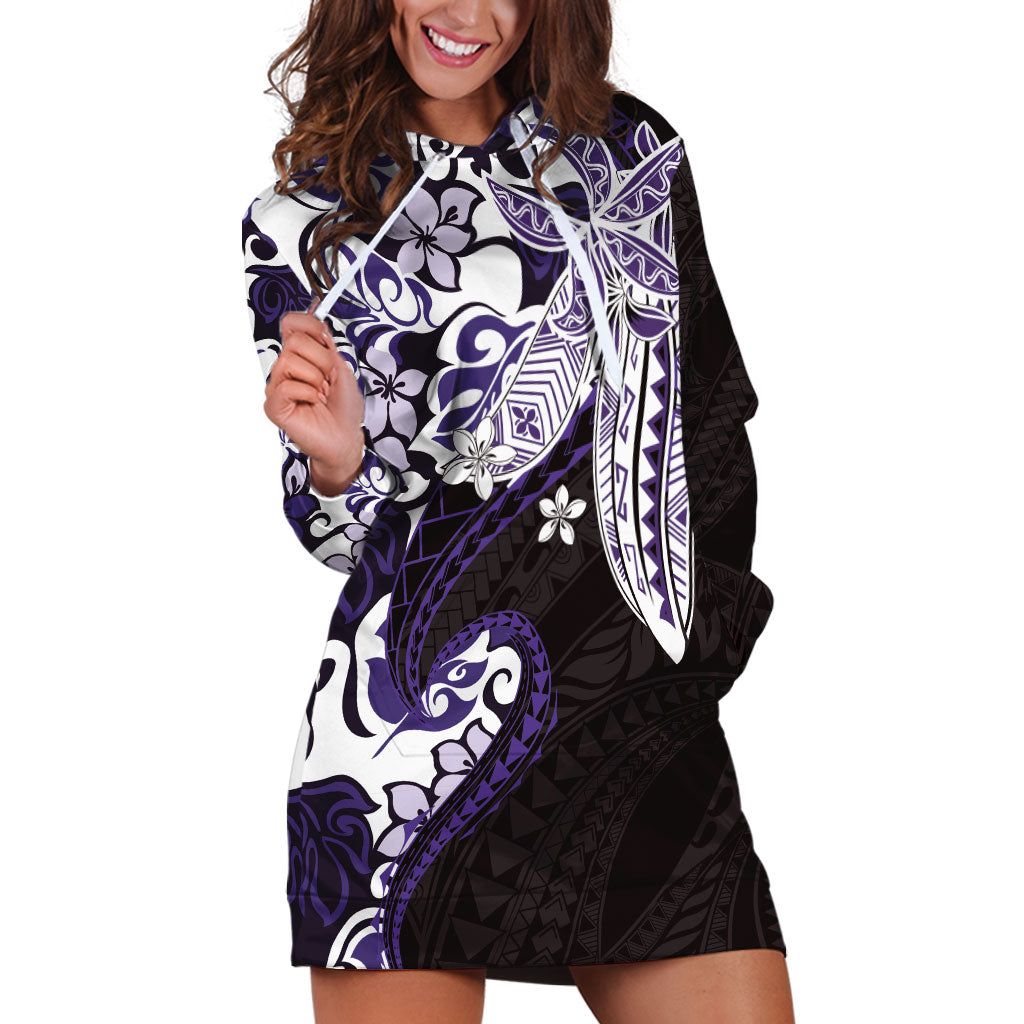 Monstera Plumeria Flowers Purple Hoodie Dress Polynesian Pattern