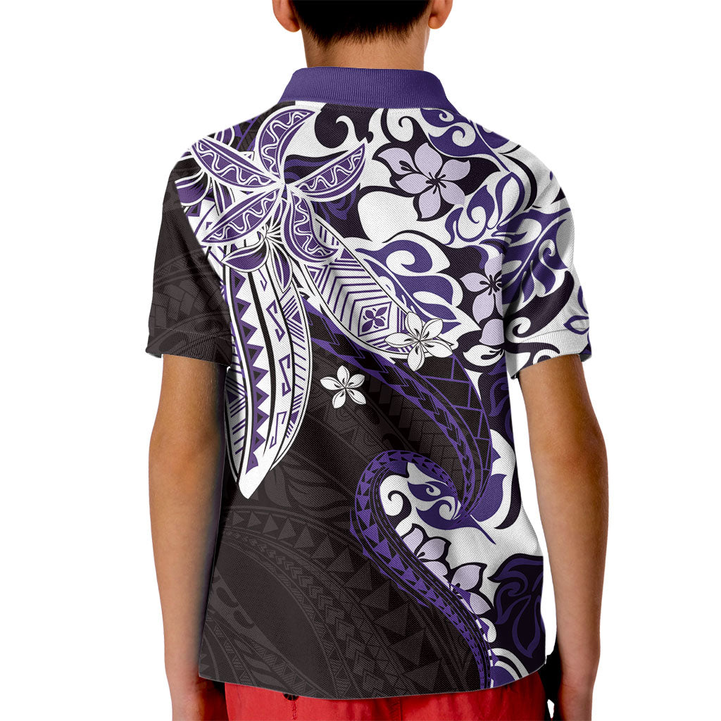 Monstera Plumeria Flowers Purple Kid Polo Shirt Polynesian Pattern