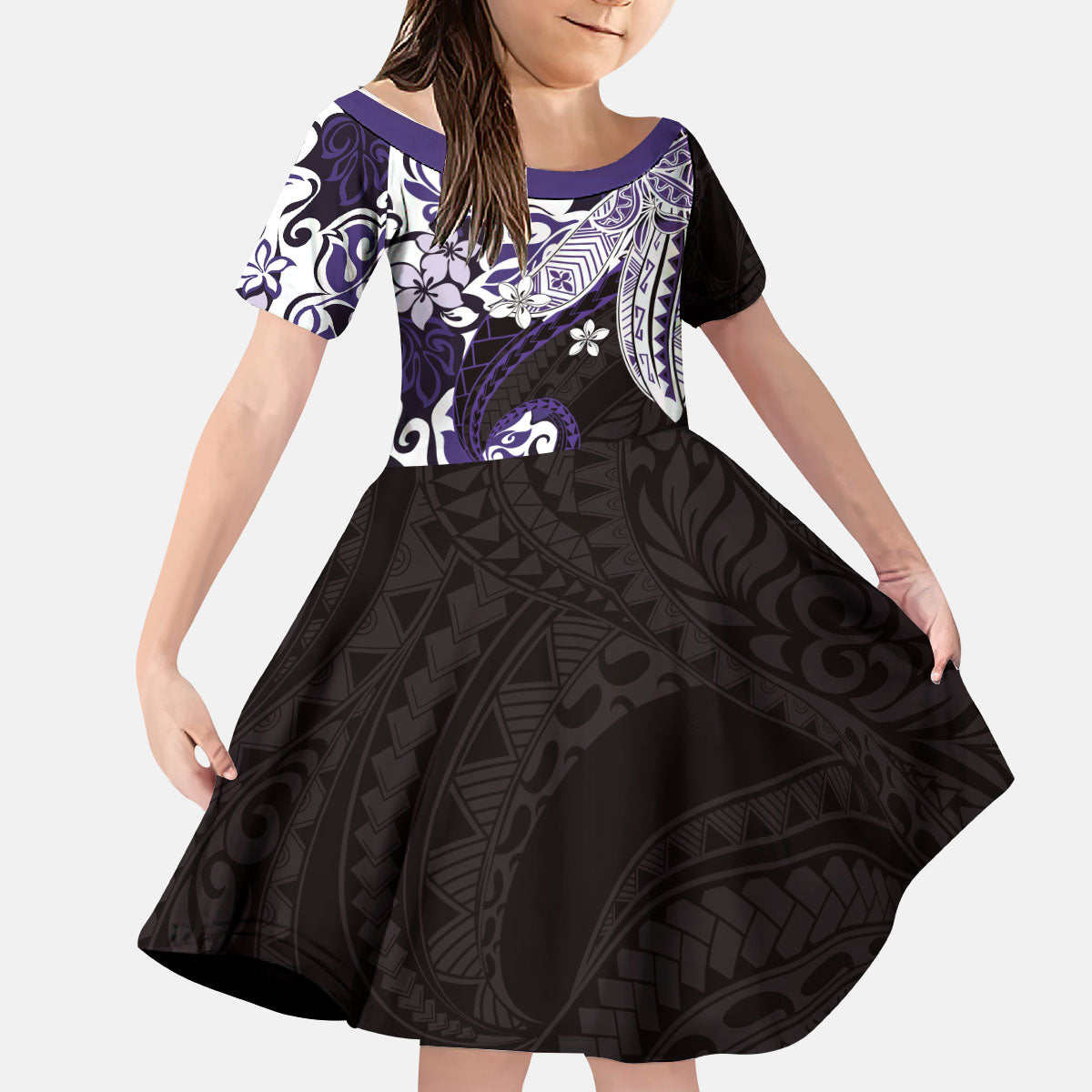 Monstera Plumeria Flowers Purple Kid Short Sleeve Dress Polynesian Pattern